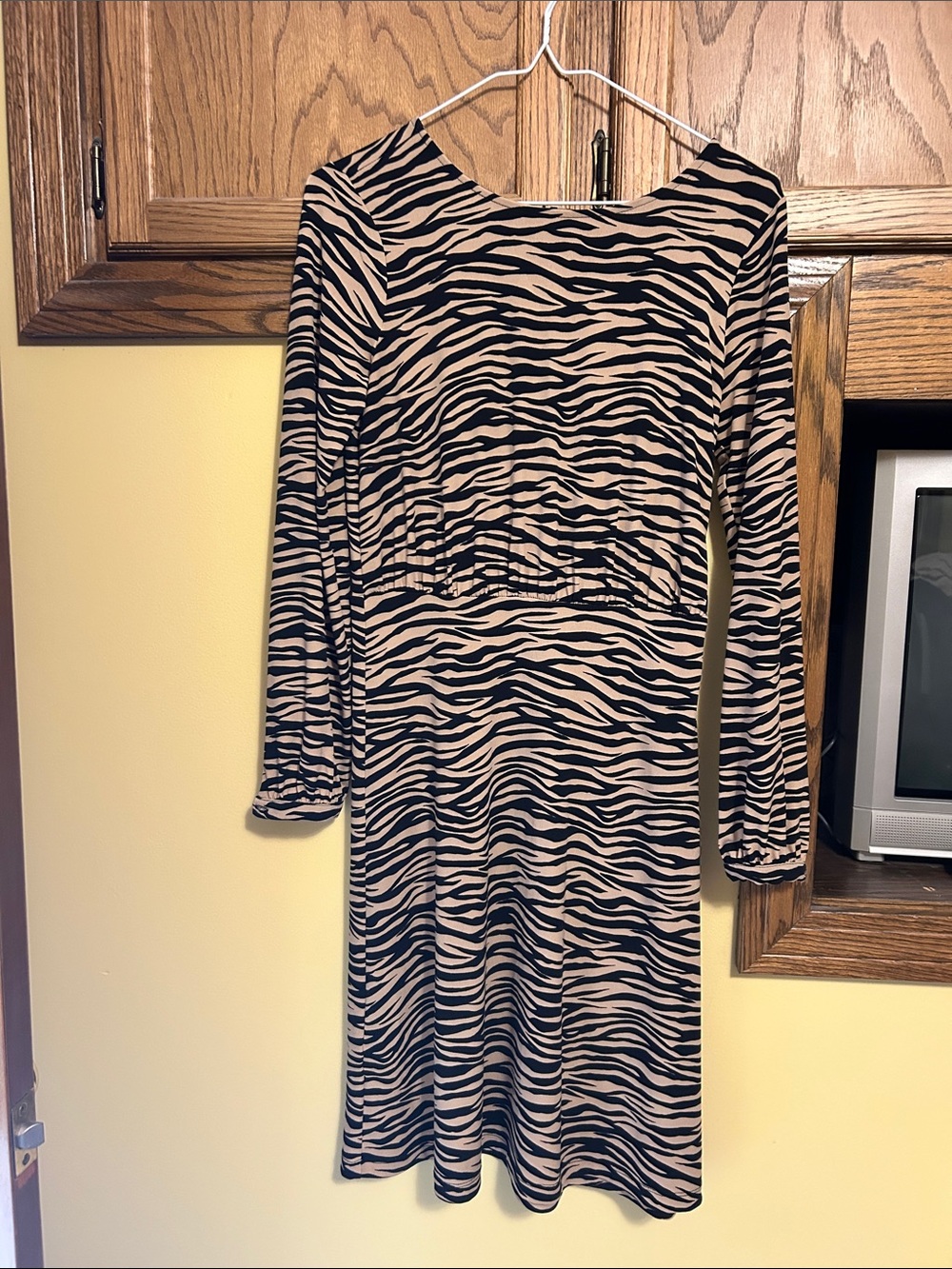 LOFT Zebra-Striped Long Sleeve Dress in Black & Beige